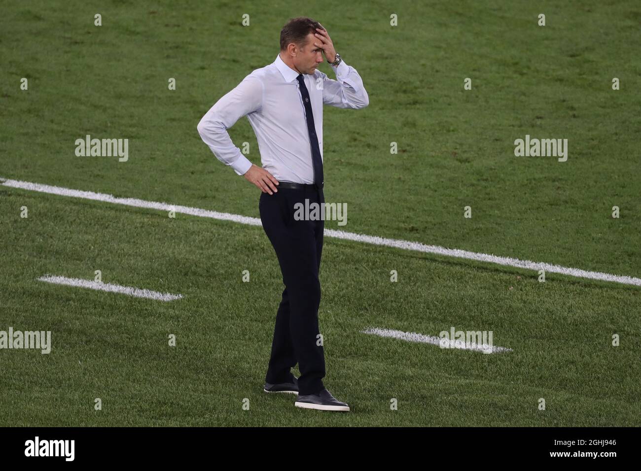 Rome, Italie, 3 juillet 2021. Andriy Shevchenko entraîneur-chef de l'Ukraine réagit lors du match de finale du quart de l'Euro 2020 de l'UEFA au Stadio Olimpico, à Rome. Le crédit photo doit être lu : Jonathan Moscrop / Sportimage via PA Images Banque D'Images