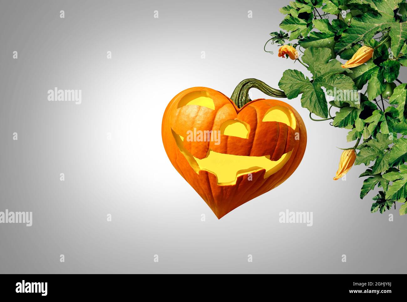 Happy Pumpkin halloween en forme d'amour coeur Jack o lanterne avec citrouilles et feuilles comme concept saisonnier et symbole d'automne. Banque D'Images