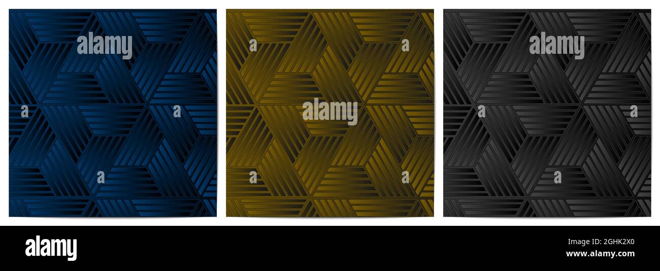 Ensemble de motifs géométriques abstraits avec forme polygonale élégante de fond bleu, or et noir Illustration de Vecteur