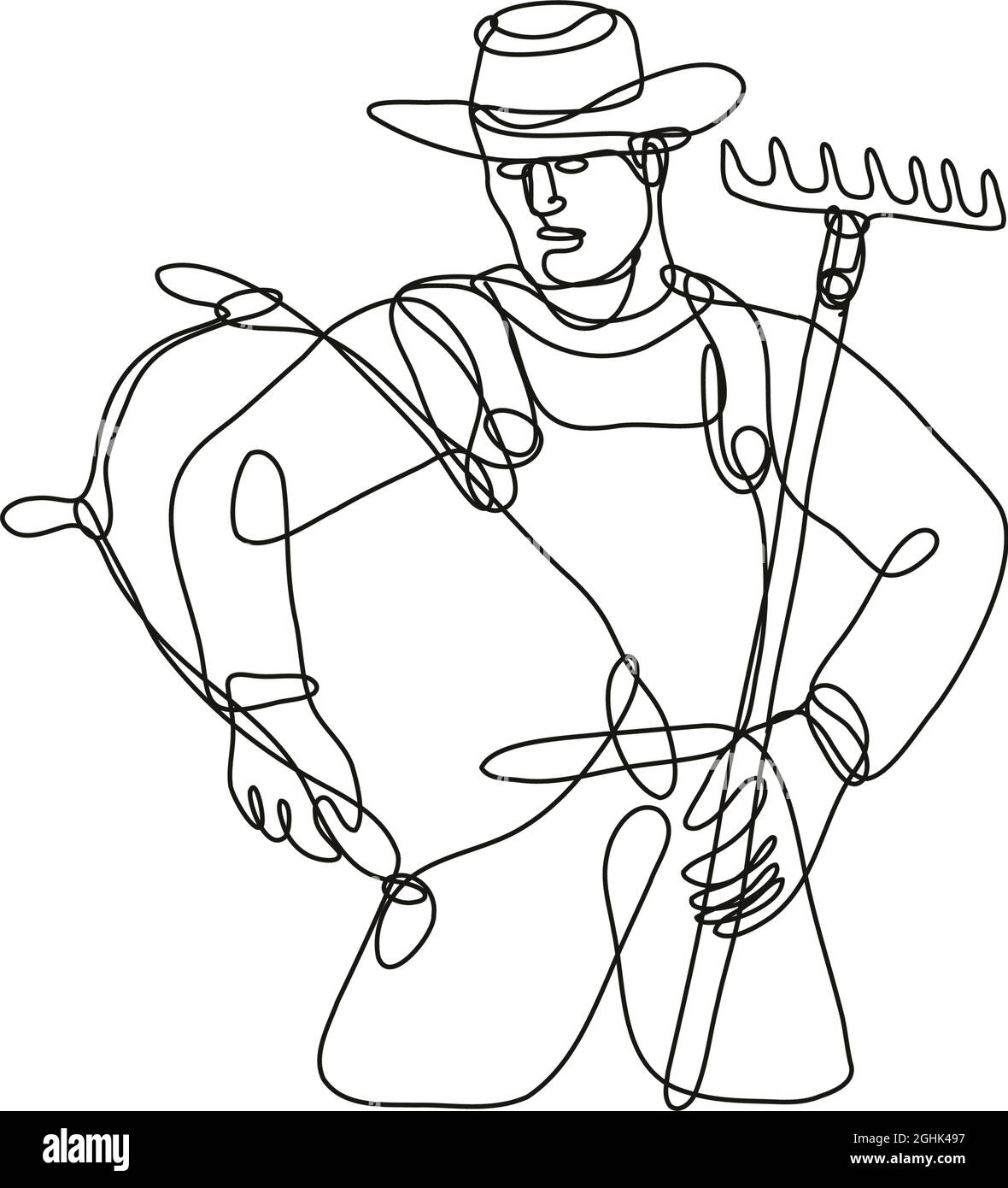 Dessin de ligne continue illustration d'un fermier biologique avec râteau et sac de transport fait en ligne mono ou en forme de doodle en noir et blanc sur isolé Illustration de Vecteur