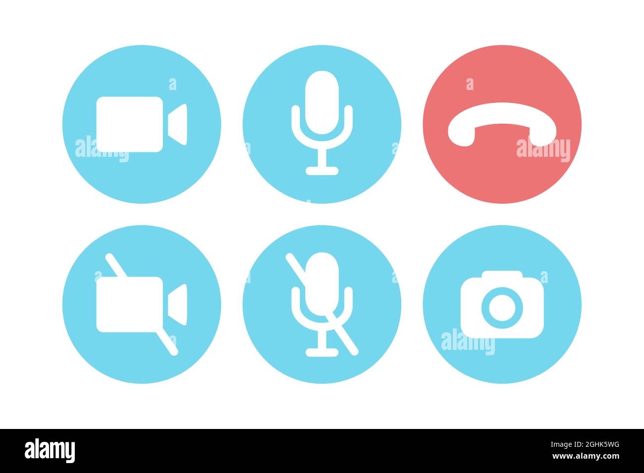Icônes de discussions virtuelles pour la conférence téléphonique. Icônes colorées d'activation et de désactivation de la vidéo, du son, de la caméra et des appels isolées sur fond blanc. Vecteur plat Illustration de Vecteur