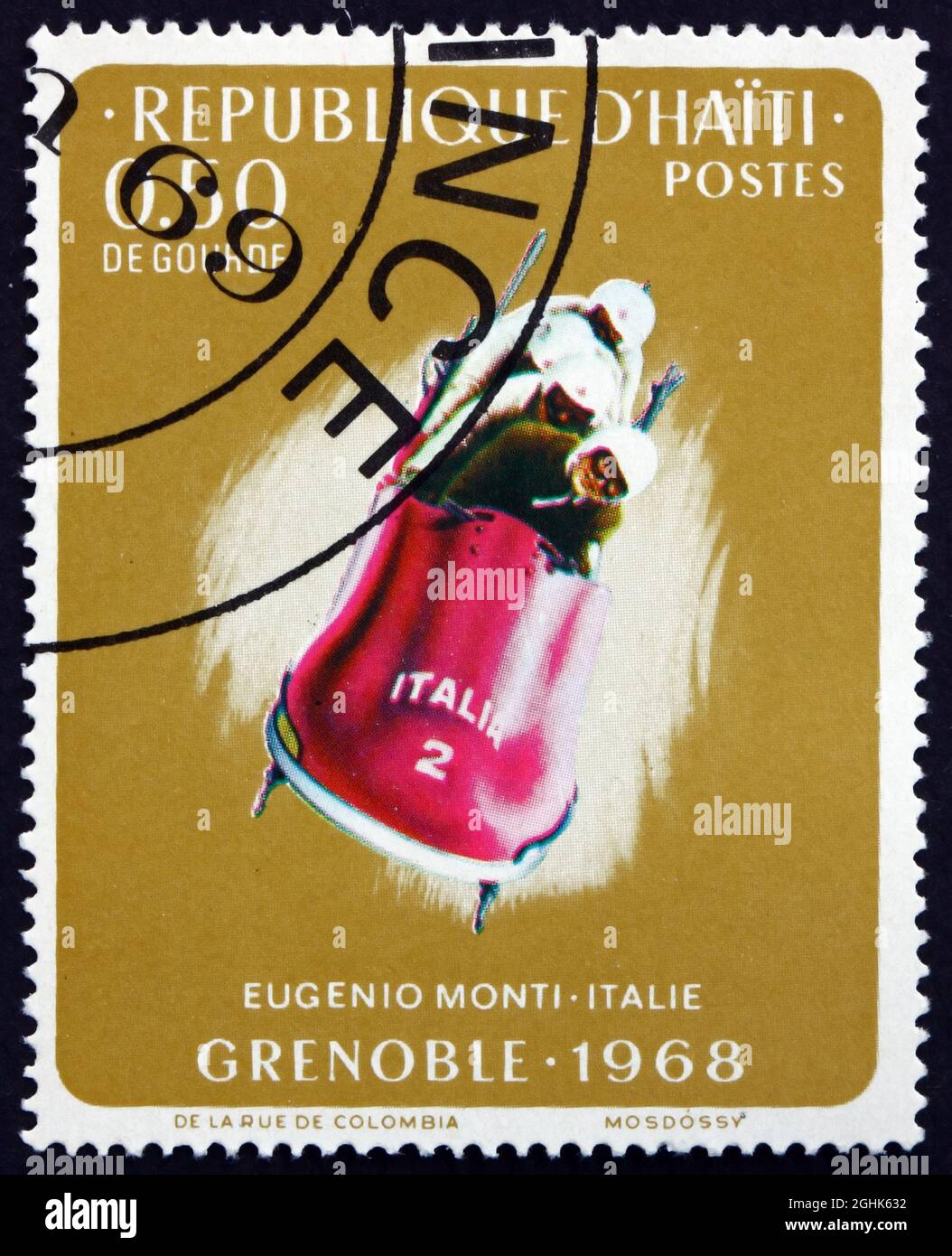 HAÏTI - VERS 1968: Un timbre imprimé en Haïti montre Eugenio Monti, Italie, 4-man bobsled, Jeux Olympiques d'hiver 1968, Grenoble, vers 1968 Banque D'Images