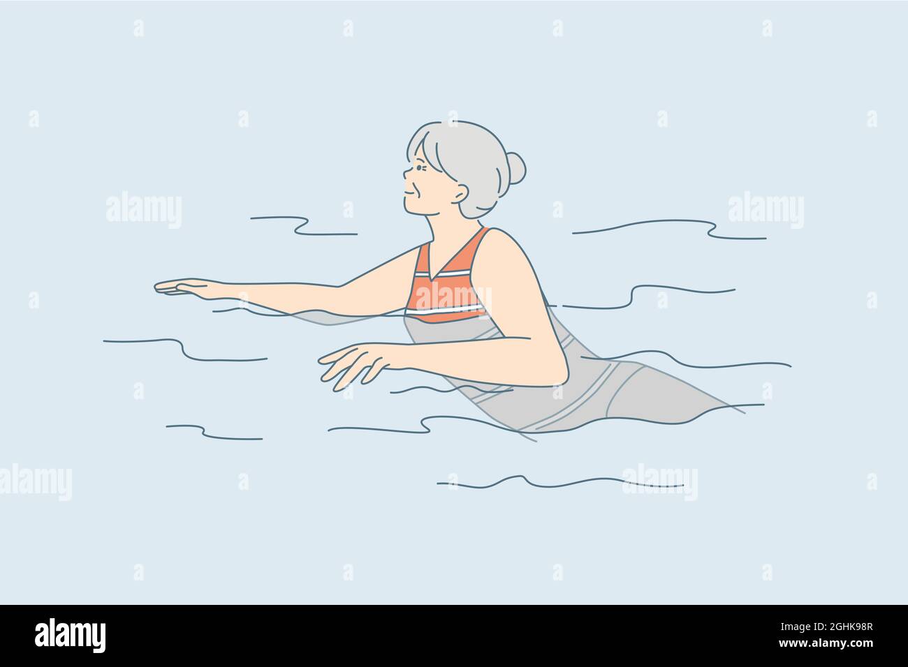 Concept de mode de vie actif des personnes âgées. Ancienne mature positive femme personnage de dessin animé natation dans l'eau sensation grande illustration de vecteur Illustration de Vecteur