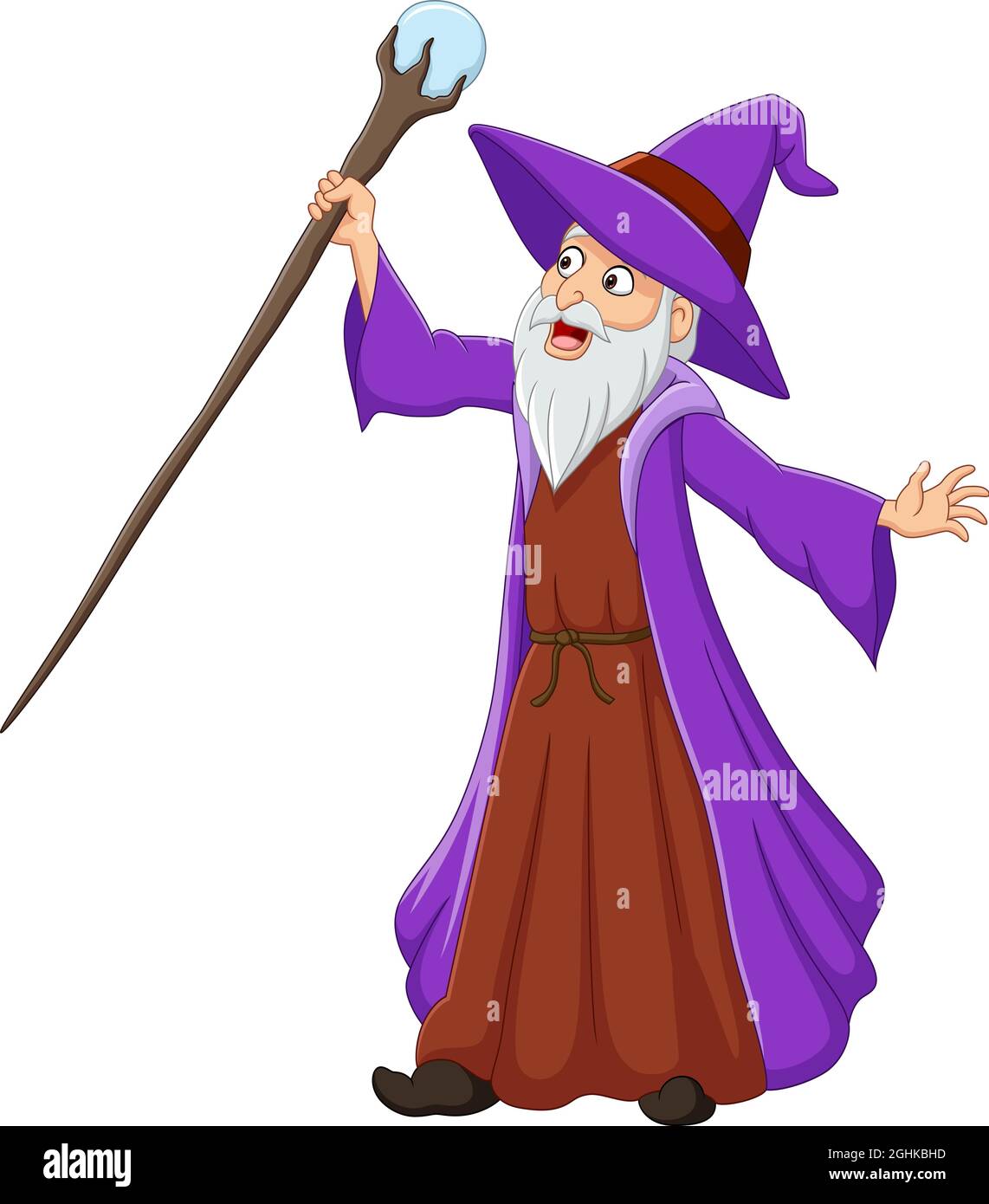 Caricature vieux sorcier holding magic stick Illustration de Vecteur
