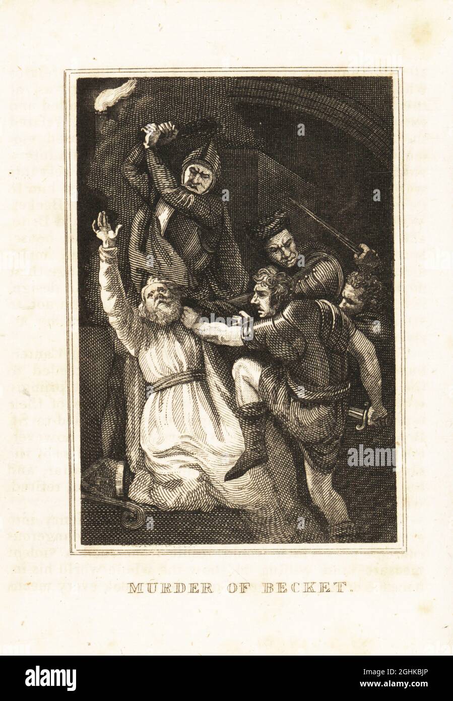 L'assassinat de Thomas Becket dans la cathédrale de Canterbury, 1170. Quatre chevaliers en armure, Reginald FitzUrse, Hugh de Morville, William de Tracy et Richard le Breton, l'attaquent avec des épées et mace. Meurtre de Becket. Gravure sur plaque de coperplate de l'histoire de l'Angleterre de M. A. Jones de Julius Caesar à George IV, G. Virtue, 26 Ivy Lane, Londres, 1836. Banque D'Images