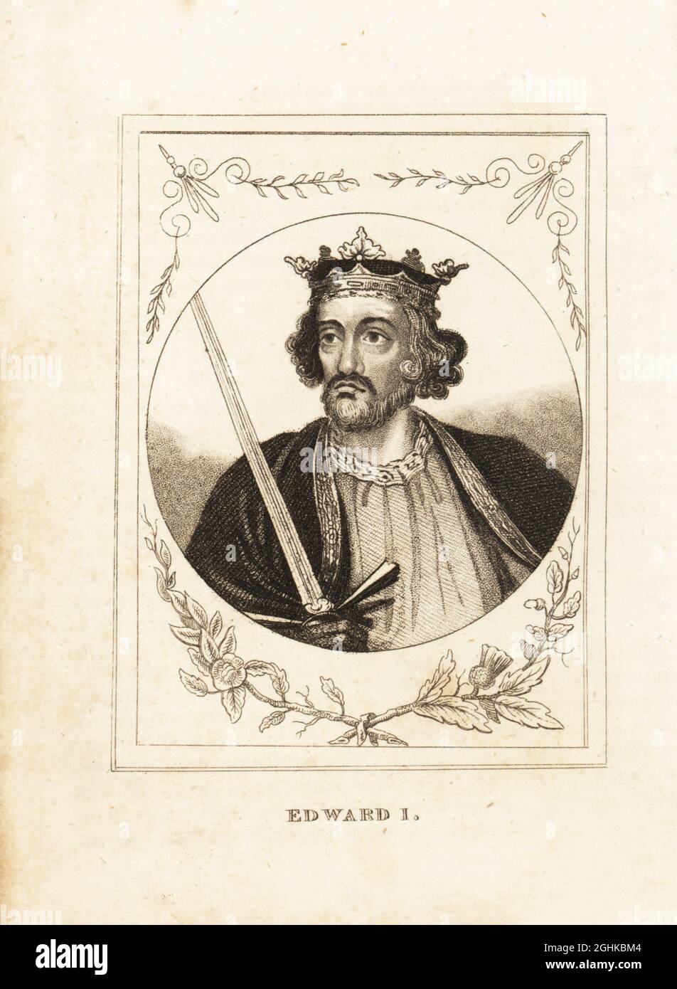 Portrait du roi Edward I d'Angleterre. Avec barbe, couronne, épée et manteau. Edward Longshanks ou The Hammer of the Scots, 1239-1307. Gravure sur plaque de coperplate de l'histoire de l'Angleterre de M. A. Jones de Julius Caesar à George IV, G. Virtue, 26 Ivy Lane, Londres, 1836. Banque D'Images