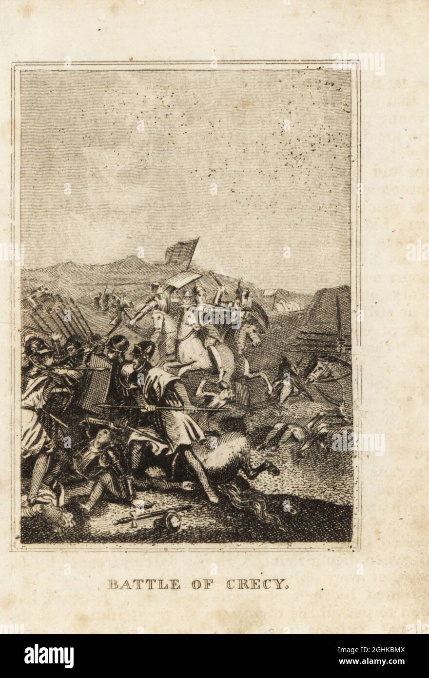 La bataille de Crecy, 26 août 1346, nord de la France. Les chevaliers en armure combattent une mêlée, tandis que la cavalerie combat les lanceurs derrière. L'armée française commandée par le roi Philippe VI et les Anglais dirigés par le roi Edward III Gravure sur plaque de coperplate de l'histoire de l'Angleterre de M. A. Jones de Julius Caesar à George IV, G. Virtue, 26 Ivy Lane, Londres, 1836. Banque D'Images