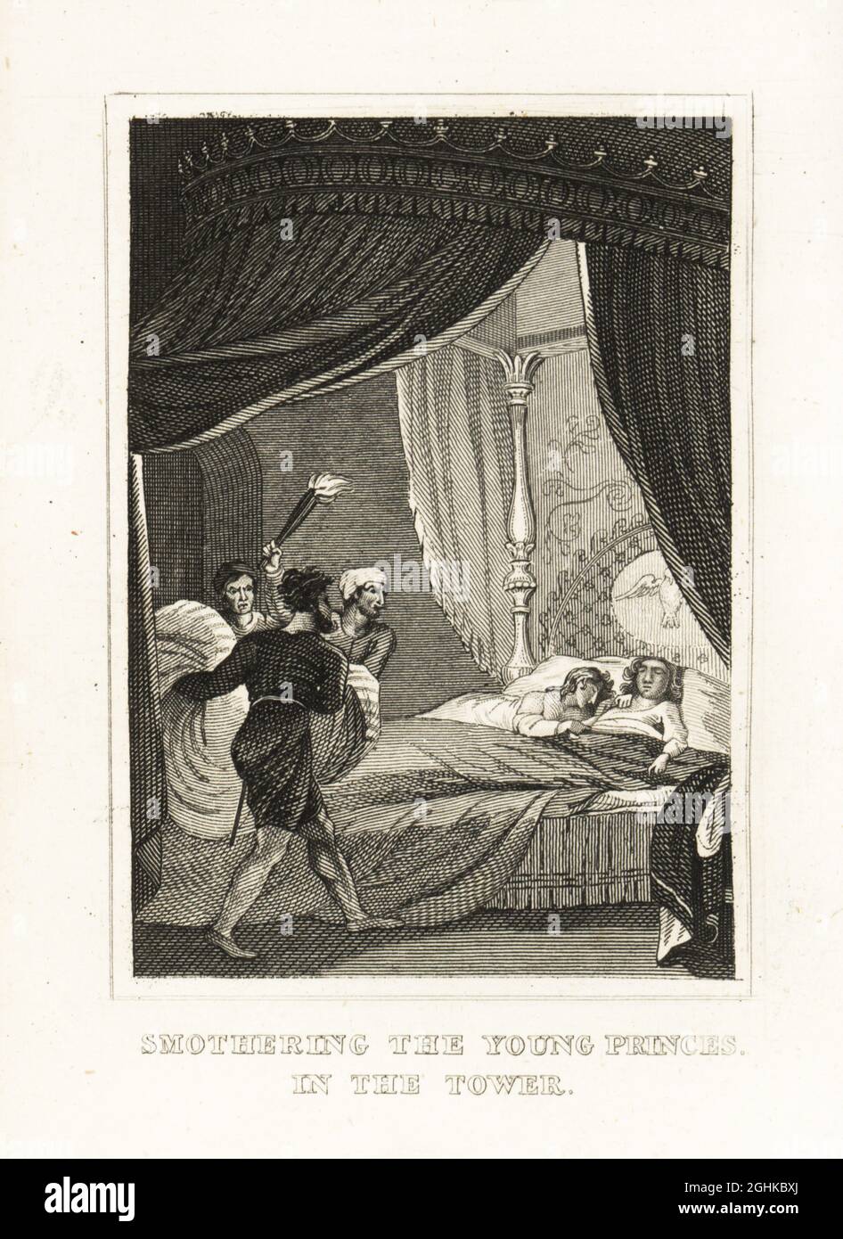 Edward V et le duc de York assassinés à la Tour de Londres, 1483. Les ruffiens Slater, Dighton et Forest apportent des traversins et des oreillers pour étouffer les Princes Edward et Richard, fils du roi Edward IV Étouffant les jeunes princes dans la tour. Gravure sur plaque de coperplate de l'histoire de l'Angleterre de M. A. Jones de Julius Caesar à George IV, G. Virtue, 26 Ivy Lane, Londres, 1836. Banque D'Images