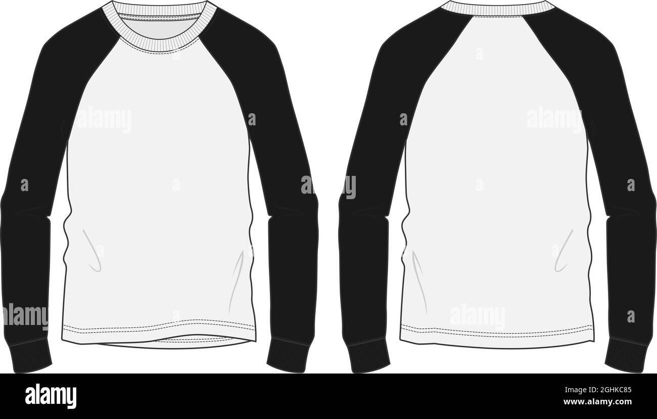 Blanc deux tons, noir manches longues raglan t shirt technique mode dessin plat schéma vectoriel modèle d'illustration vues avant et arrière isolées sur blanc Illustration de Vecteur