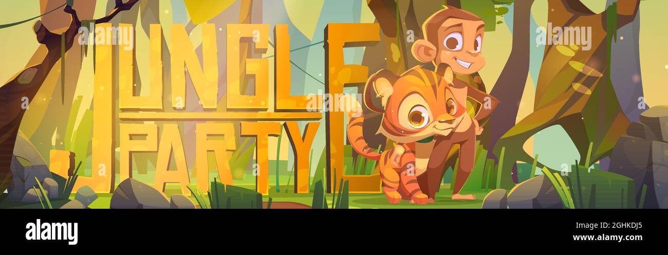 Bannière de dessin animé Jungle Party. Singe drôle et tigre cub dans le paysage naturel de la forêt tropicale africaine. Carte d'invitation avec animaux sauvages exotiques dans les troncs d'arbres tropicaux, illustration vectorielle Illustration de Vecteur