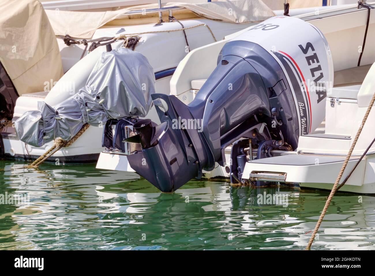 Puissant moteur marin extérieur Selva Blue Whale de 250 ch monté sur un bateau en fibre de verre blanc, Rome, Italie - 27 août 2021 Banque D'Images