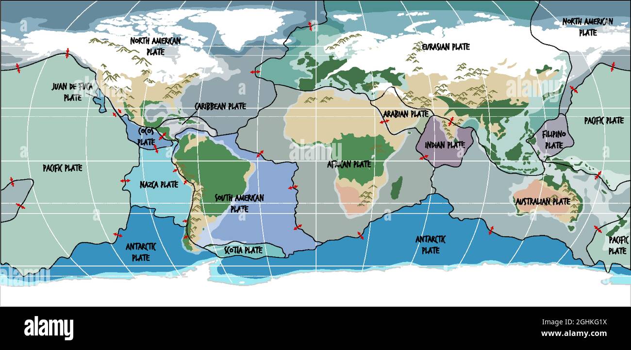 Carte du monde montrant l'illustration des limites des plaques tectoniques Illustration de Vecteur