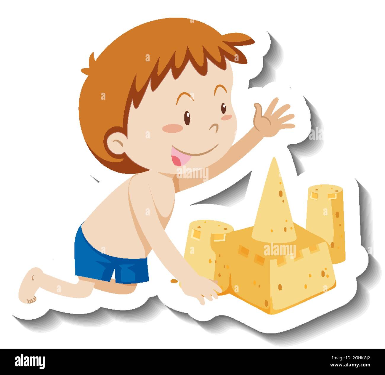 Un garçon bâtiment château de sable dessin animé personnage autocollant illustration Illustration de Vecteur