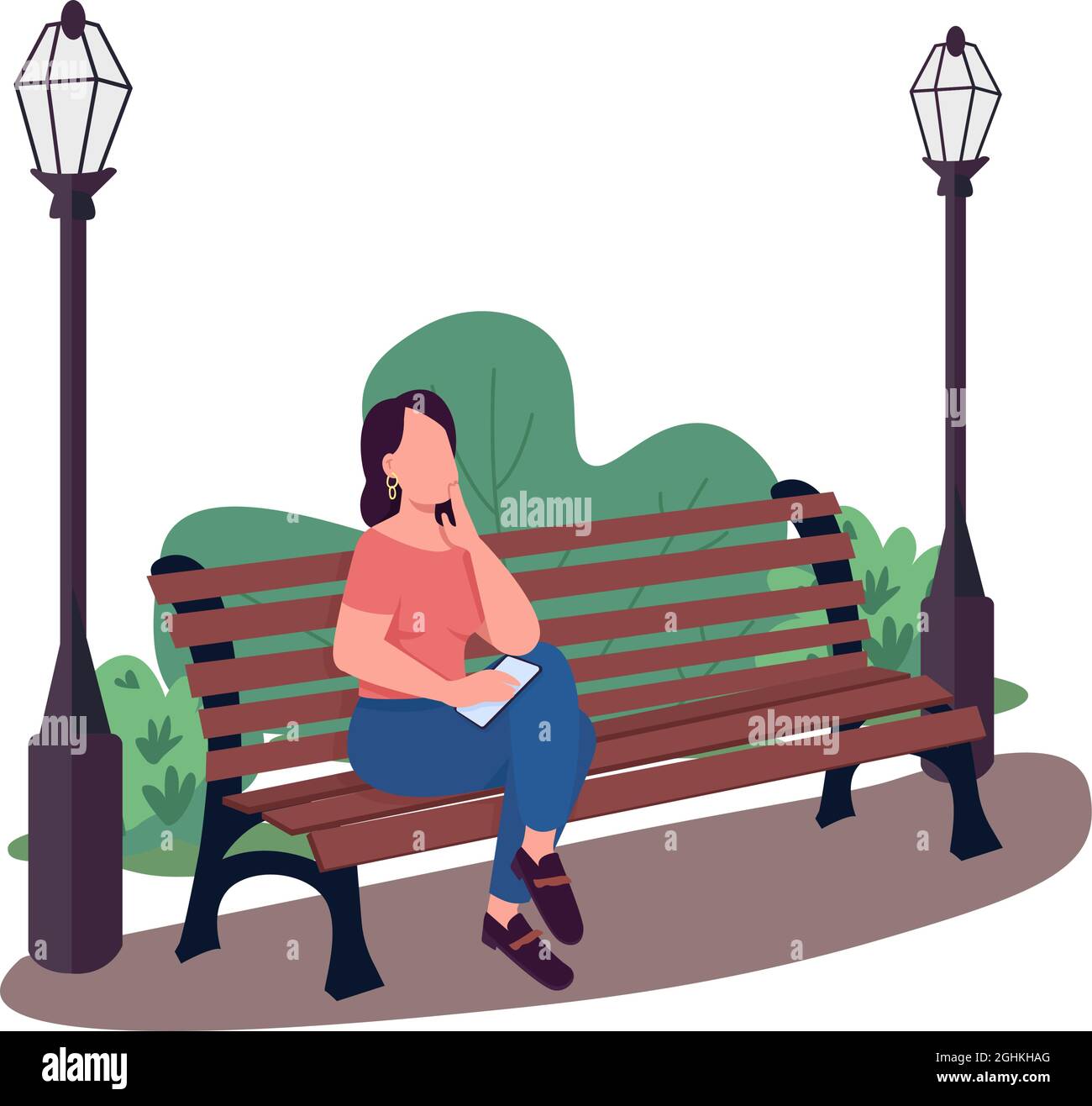 Femme assise sur un banc dans un parc semi-plat caractère vectoriel de couleur Illustration de Vecteur