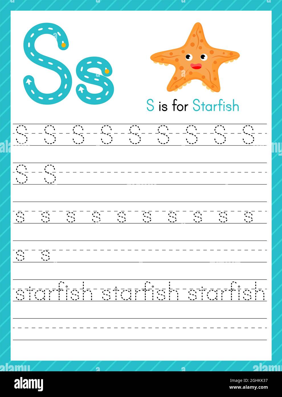 Tracer la lettre S en majuscules et en minuscules. Feuille de travail préscolaire de pratique de traçage d'alphabet pour les enfants apprenant l'anglais avec mignon animal de dessin animé. Page activité Illustration de Vecteur