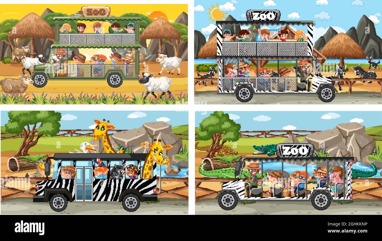 Ensemble de différentes scènes de safari avec animaux et dessins animés pour enfants illustration de caractères Illustration de Vecteur