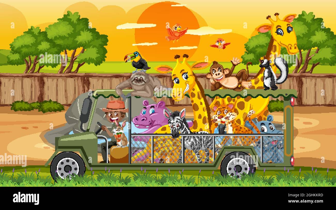 Scène Safari avec animaux sauvages dans l'illustration de voiture de cage Illustration de Vecteur
