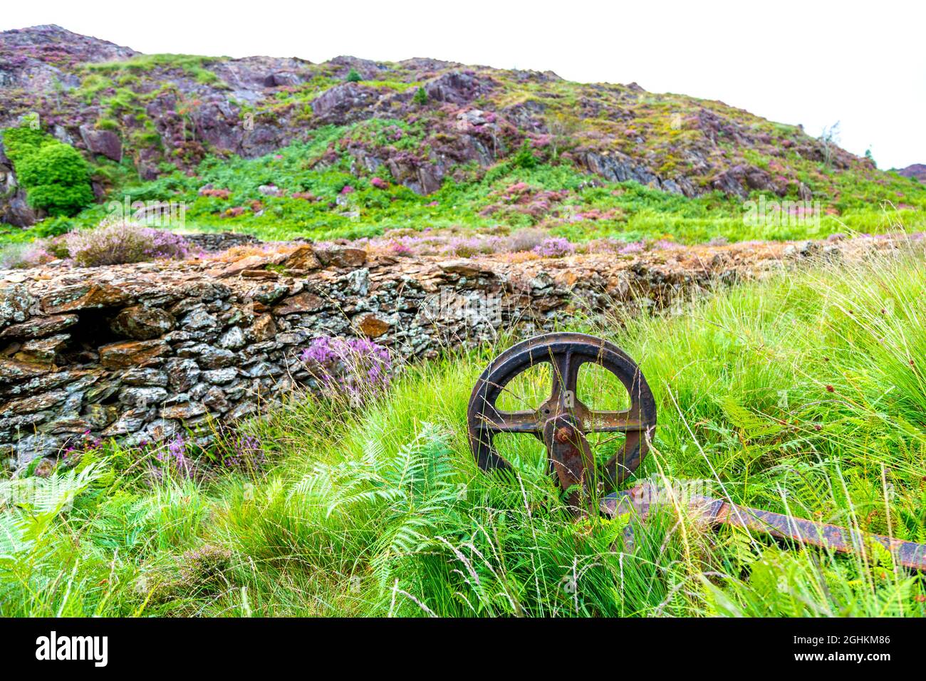 Vestiges anciens d'un téléphérique de mine de cuivre utilisé pour transporter le minerai de cuivre le long de la piste jusqu'au sommet de Mynydd Sygyn, Snowdonia, pays de Galles, Royaume-Uni Banque D'Images Vestiges anciens d'un téléphérique de mine de cuivre utilisé pour transporter le minerai de cuivre le long de la piste jusqu'au sommet de Mynydd Sygyn, Snowdonia, pays de Galles, Royaume-Uni Banque D'Images