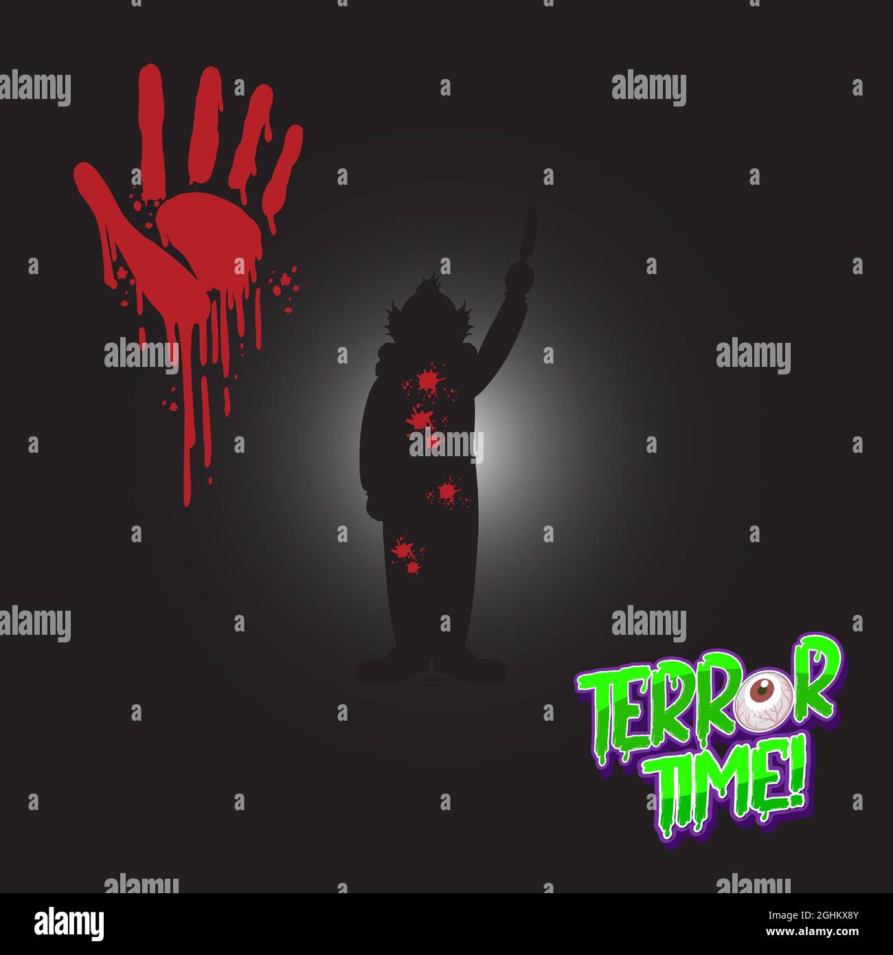 Logo du temps de terreur avec imprimé main sanglant et silhouette clown Illustration de Vecteur