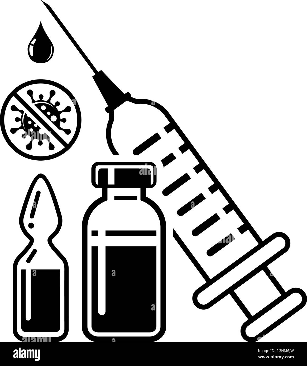COVID-19 concept mondial de vaccination. Seringue médicale avec aiguille, flacon et flacon avec le médicament, signe d'avertissement d'arrêt du coronavirus. Vecteur sur transparent Illustration de Vecteur