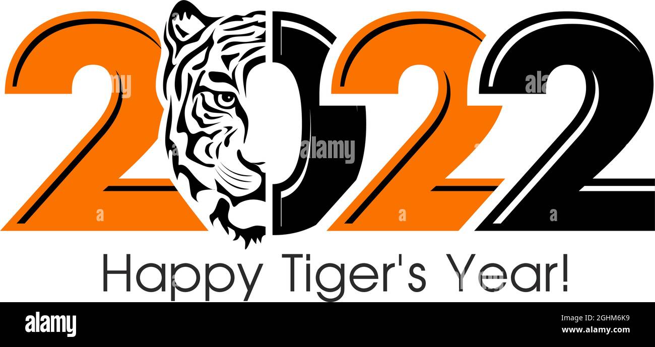 Bonne année 2022. Année du tigre, dessin visage de tigre lignes noires et blanches et numéros 2022 pour affiche, brochure, bannière, carte d'invitation. Vecteur il Illustration de Vecteur