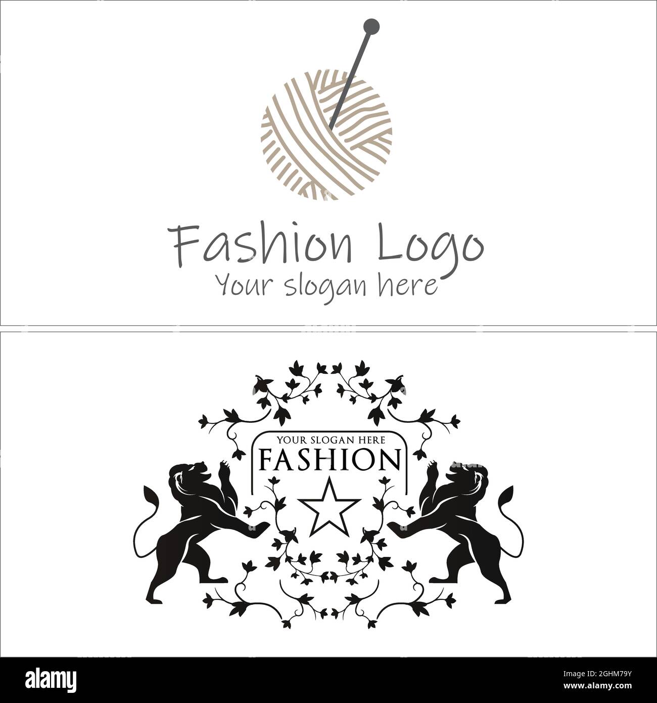 Vêtements de mode, boules d'aiguille et logo lion Illustration de Vecteur