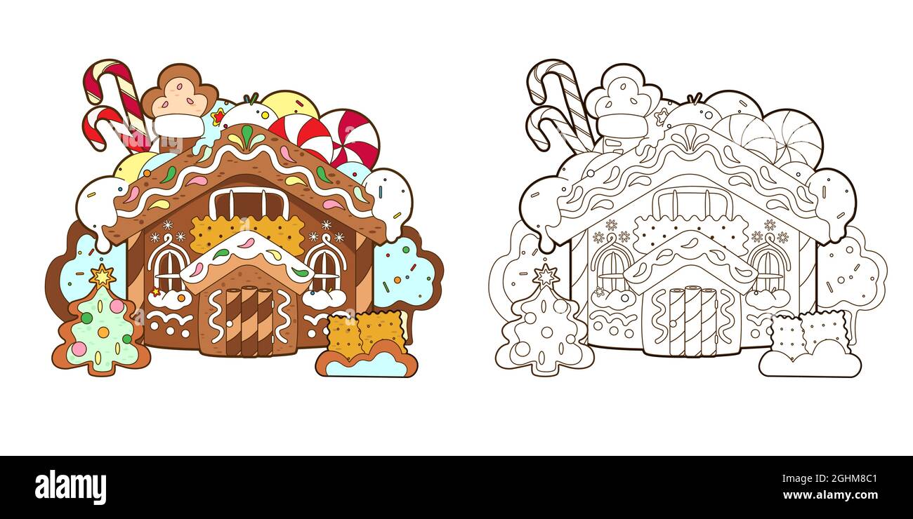 Page de coloriage avec maison de pain d'épice, bonbons de Noël et arbre de pain d'épice de la nouvelle année, vecteur, illustration dans le style de dessin animé, noir et blanc ligne d'art Illustration de Vecteur