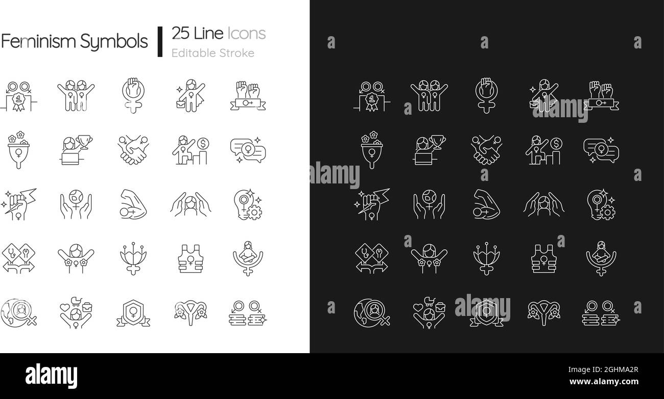 Symboles du féminisme icônes linéaires définies pour les modes sombre et clair Illustration de Vecteur