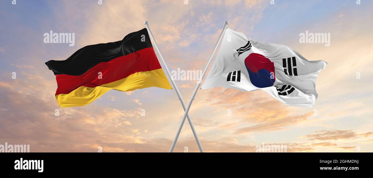 Drapeaux de l'Allemagne et de la corée du Sud agitant dans le vent sur
