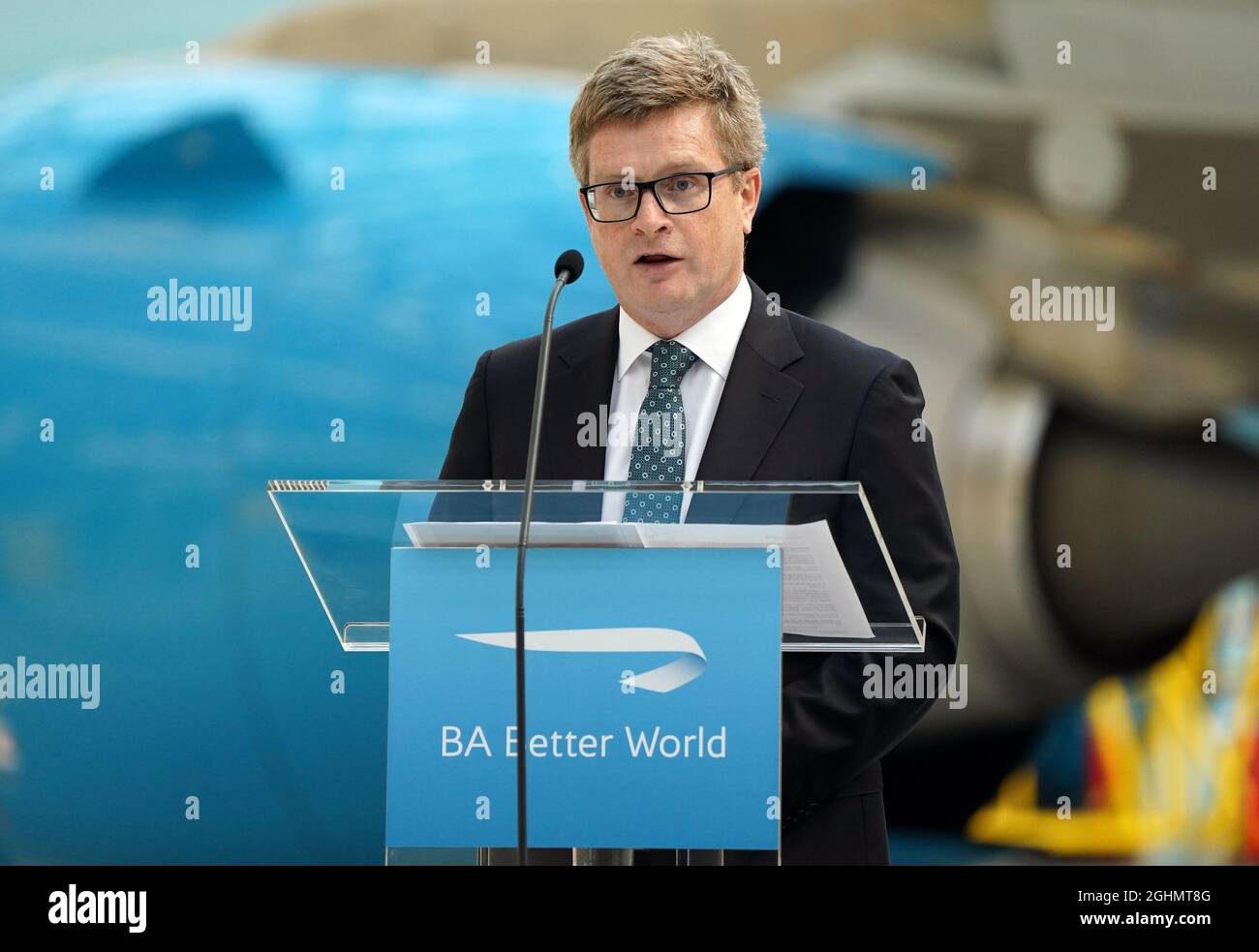 Sean Doyle, directeur général de British Airways, à l'aéroport d'Heathrow, lors d'une annonce sur le programme de développement durable de la compagnie aérienne. Date de la photo: Mardi 7 septembre 2021. Banque D'Images