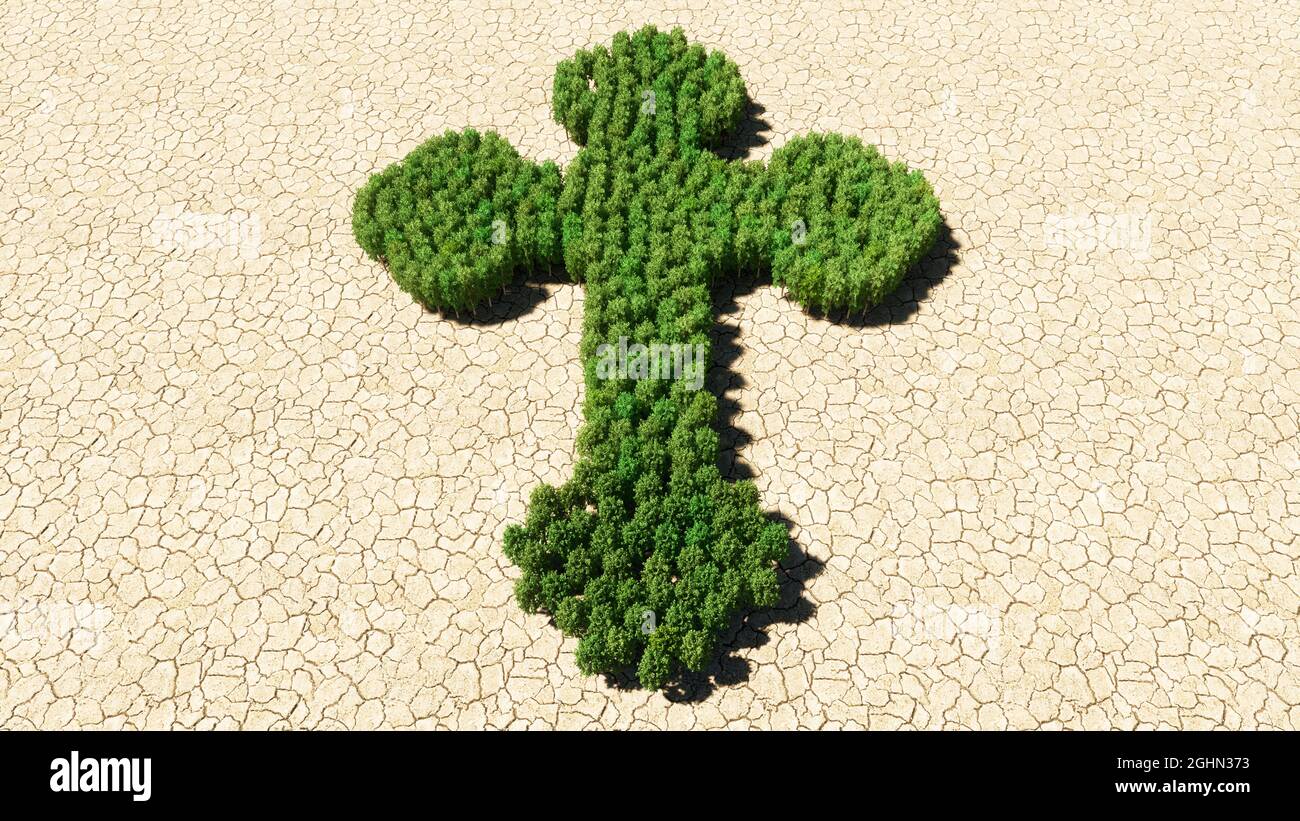 Concept ou groupe conceptuel d'arbre de forêt verte sur fond sec comme signe de la croix chrétienne religieuse. Une métaphore d'illustration 3d pour Dieu Banque D'Images