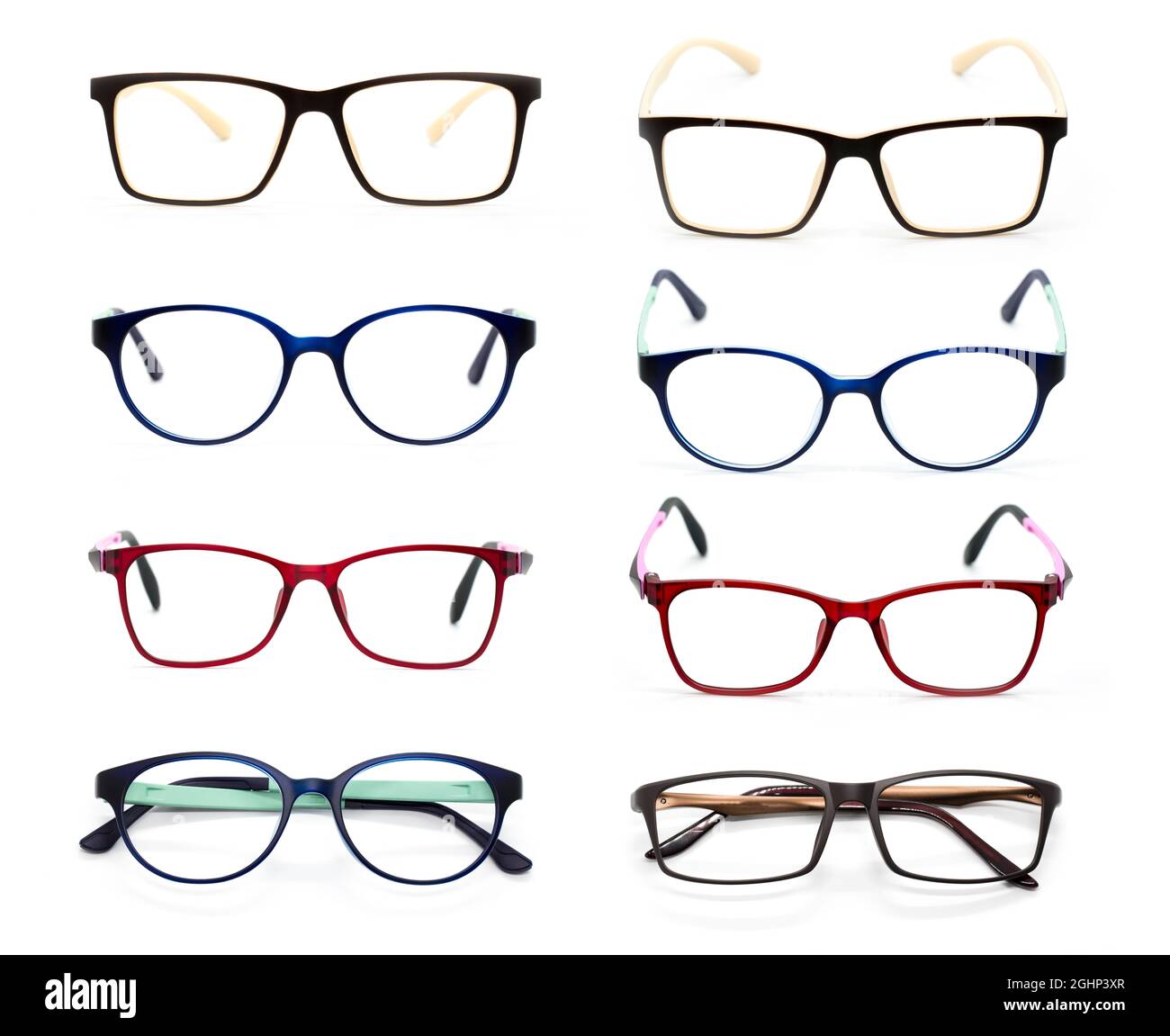 Groupe de lunettes modernes et tendance isolées sur fond blanc, réflexion parfaite, verres Banque D'Images