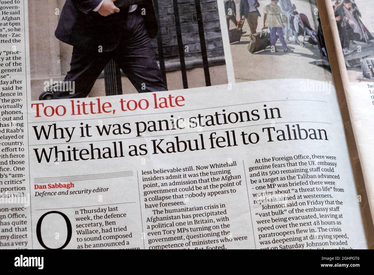 Journal Guardian titre article 'Pourquoi il a été panique dans les stations de Whitehall comme Kaboul est tombé aux Talibans' 21 août 2021 Londres Angleterre Royaume-Uni Banque D'Images
