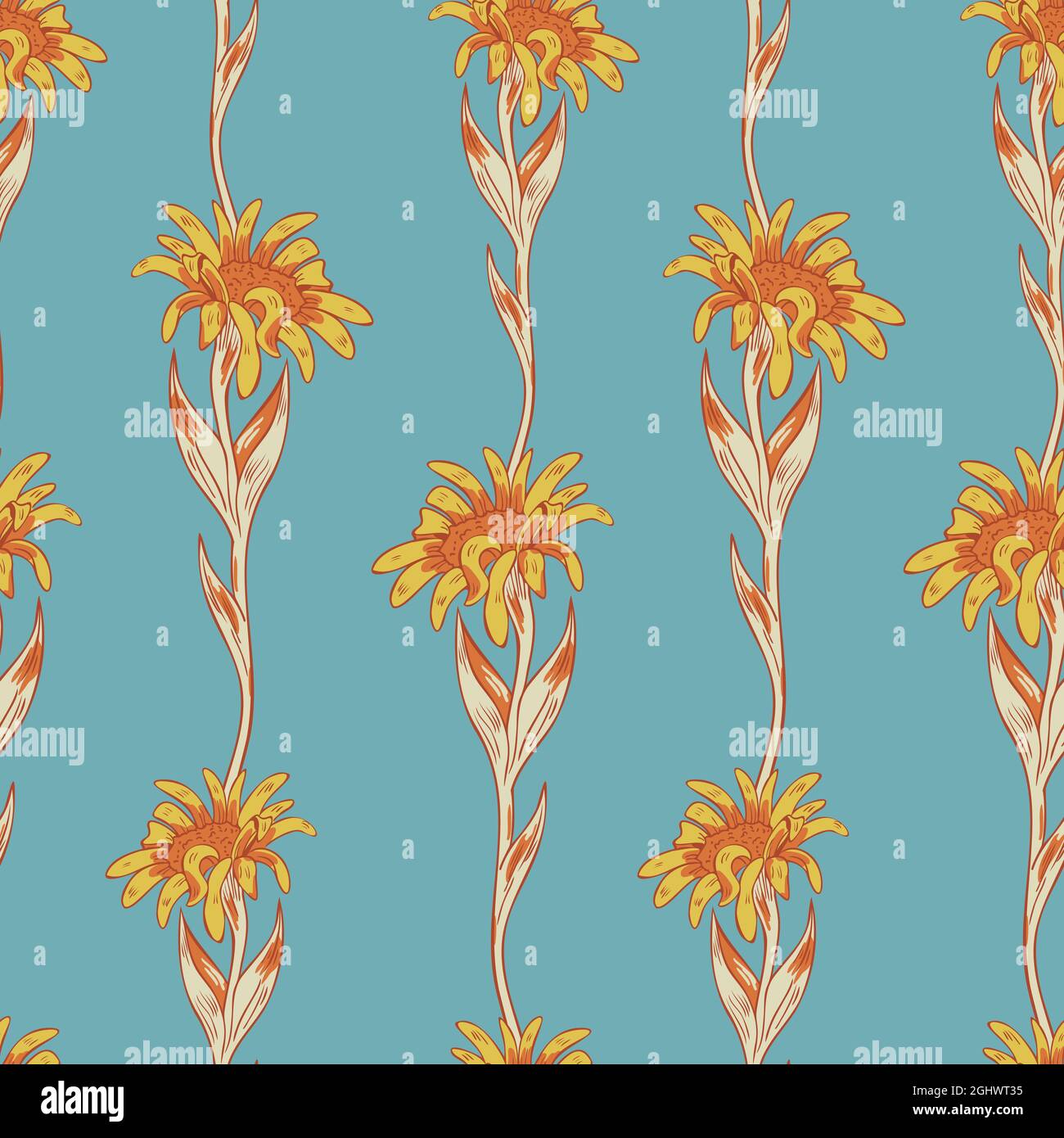 Motif vectoriel sans couture avec fleurs brillantes sur fond bleu. Décoration fleurie contrastée. Illustration de Vecteur
