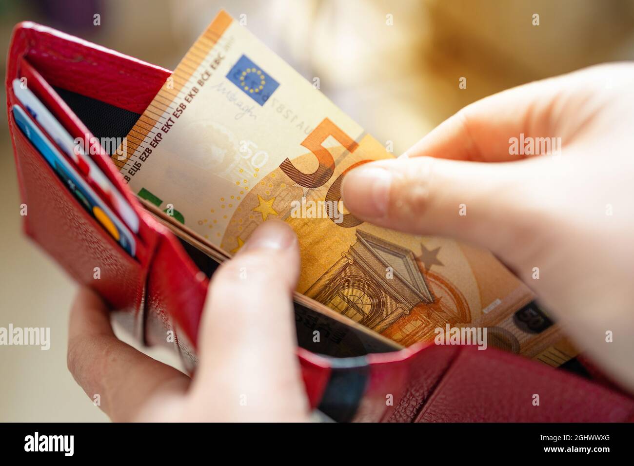 Personne qui prend de l'argent en euros de son portefeuille de poche. Homme comptant de l'argent, concept d'économie, distribution d'argent Banque D'Images