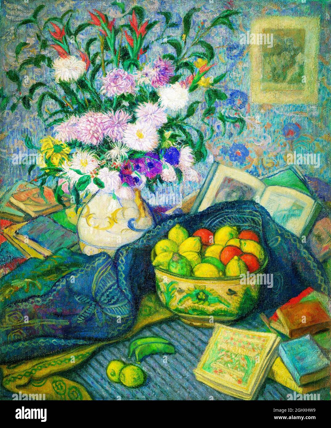 Vase aux bananes, citrons et livres de l'artiste espagnol Juan de Echevarría (1875-1931), huile sur toile, c. 1917 Banque D'Images