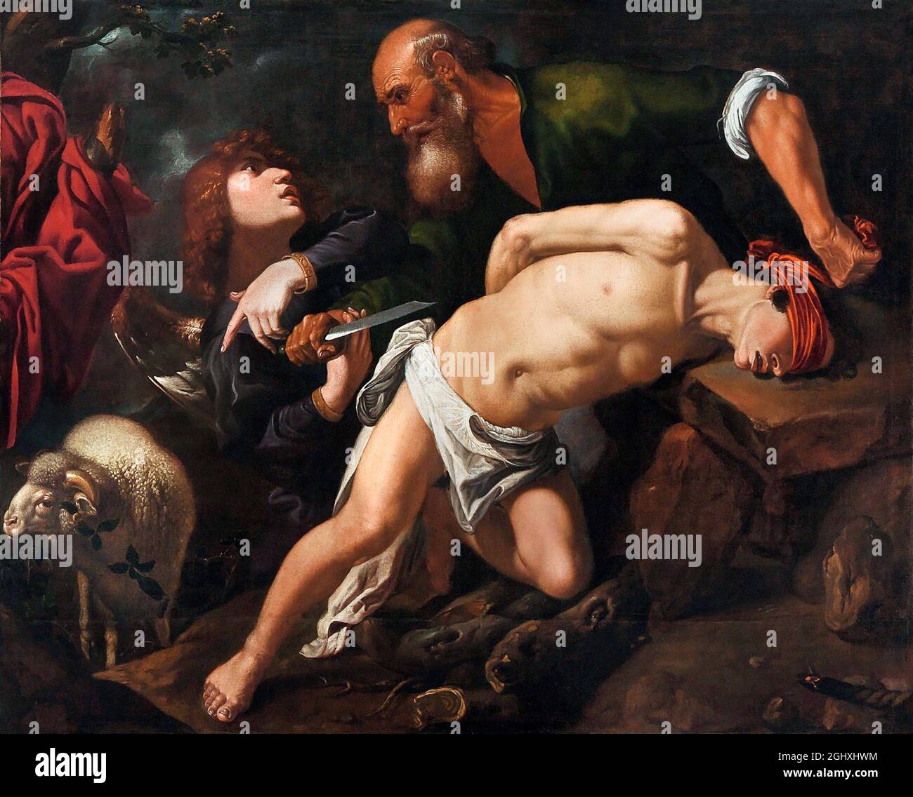 Le sacrifice d'Isaac par l'artiste baroque espagnol Pedro de Orrente (1580-1645), huile sur toile, c.1616 Banque D'Images