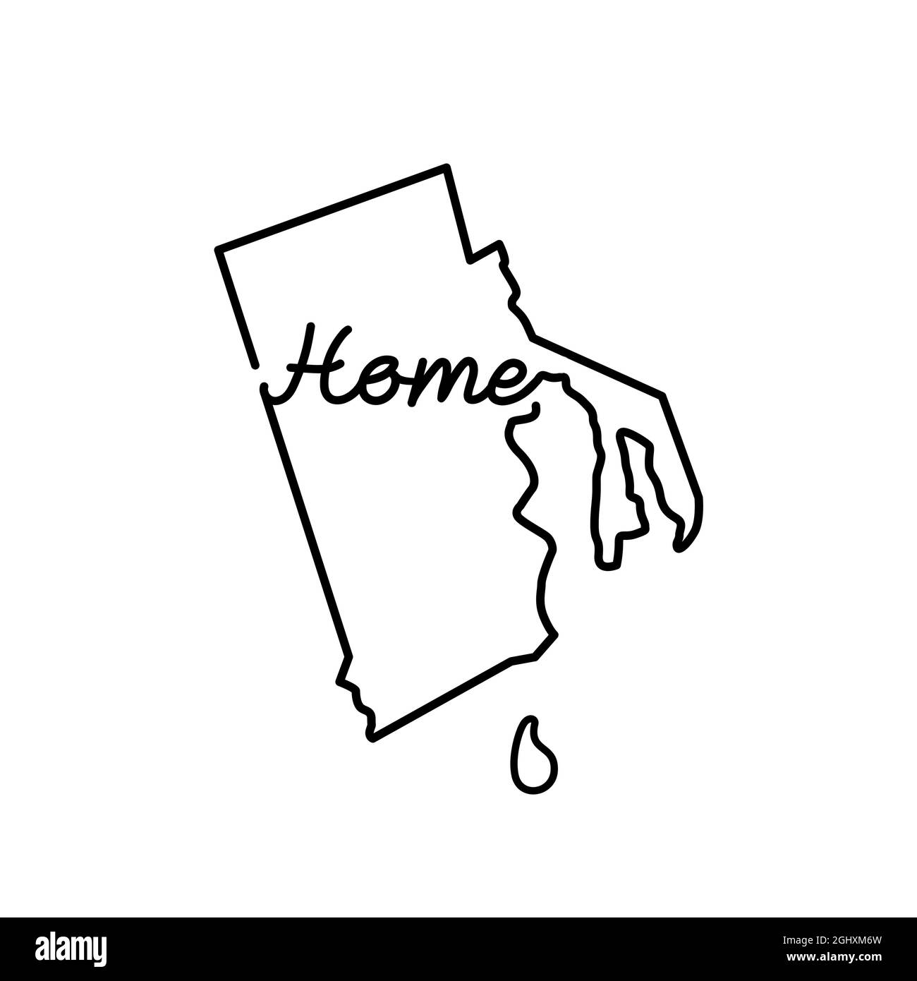 Carte des États-Unis du Rhode Island avec le mot D'ACCUEIL manuscrit. Dessin de ligne continue de signe de maison patriotique. Un amour pour une petite patrie. Interio Illustration de Vecteur