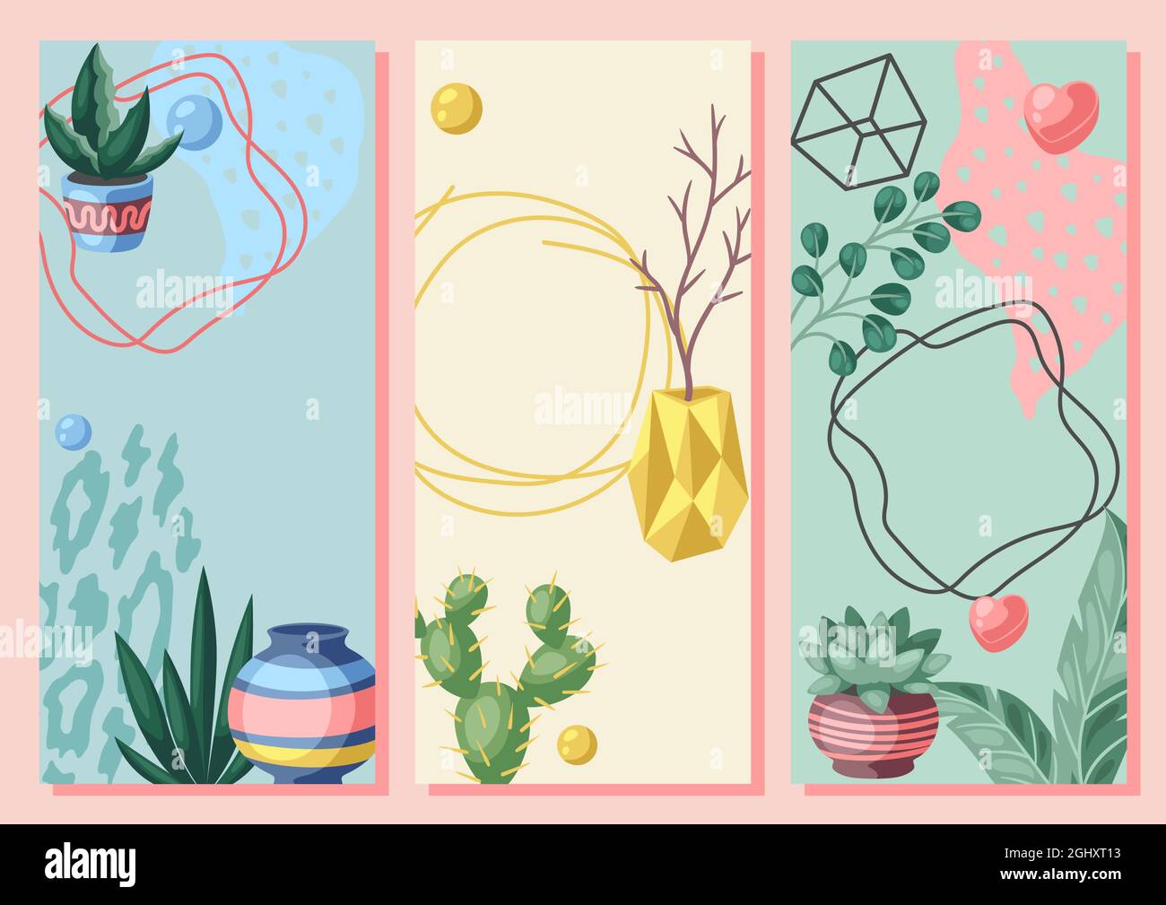 Cartes avec cactus et succents. Cactus et plantes à fleurs pictueuses décoratives dans des pots de fleurs. Illustration de Vecteur