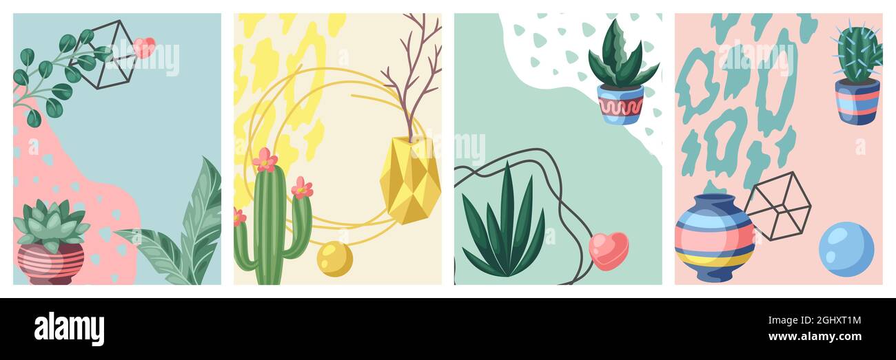 Cartes avec cactus et succents. Cactus et plantes à fleurs pictueuses décoratives dans des pots de fleurs. Illustration de Vecteur