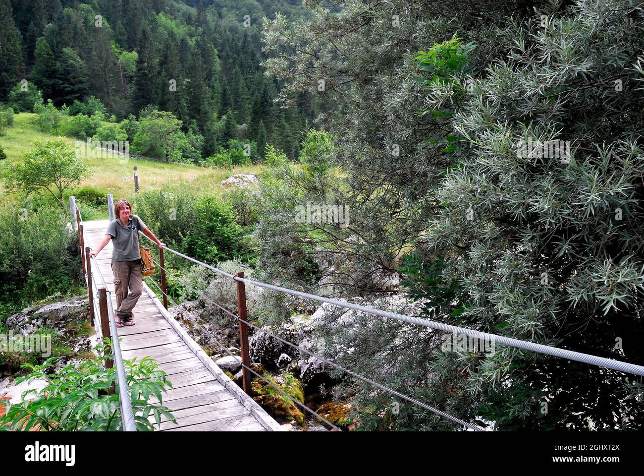 Slovénie, vallée de Lepena, parc national de Triglav. Une femme traverse une simple passerelle suspendue sur la rivière Tolminka. Banque D'Images