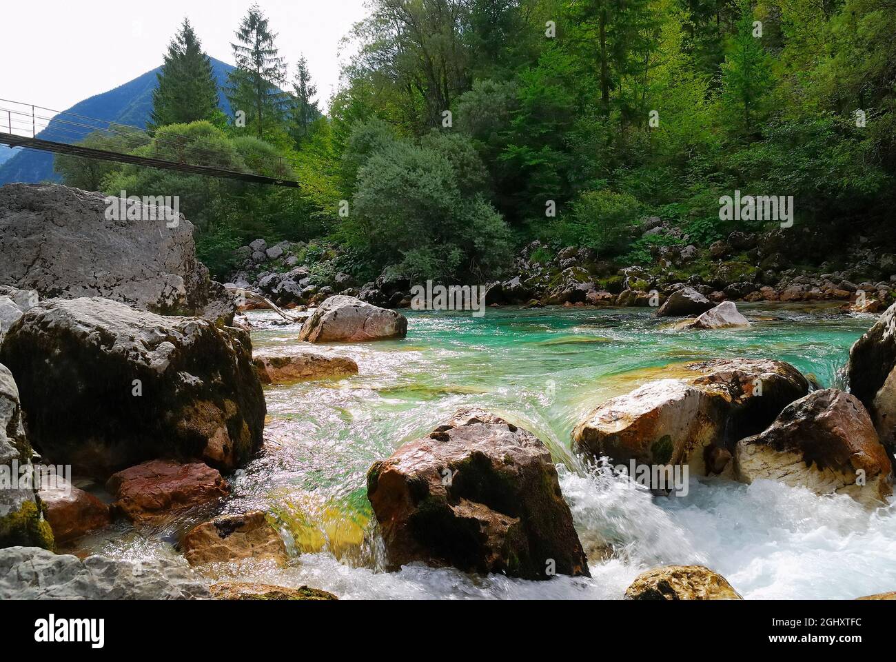 Slovénie, vallée de Lepena, parc national de Triglav. Une passerelle en suspension simple sur la rivière Tolminka. Banque D'Images