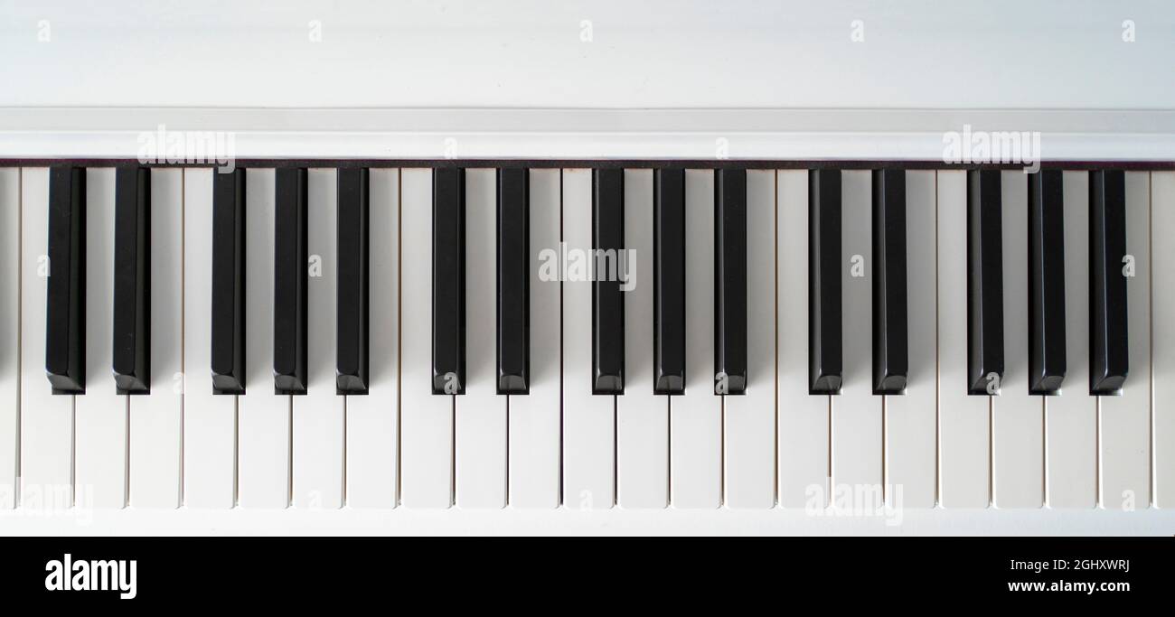 Clavier piano. Musique classique sur piano numérique électronique. Vue sur le sol en bois. Belles touches de piano blanches. Banque D'Images