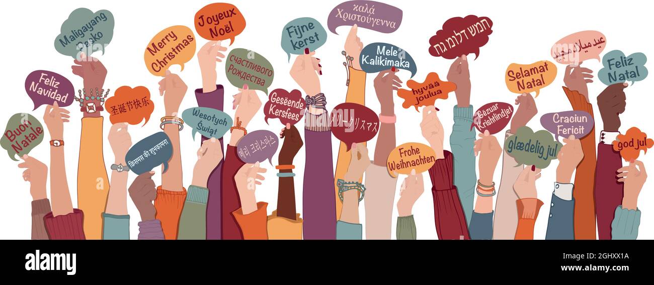 Beaucoup d'armes soulevées de personnes diverses et multiethniques tenant des bulles de discours avec le texte -Joyeux Noël- dans diverses langues internationales. Égalité Illustration de Vecteur