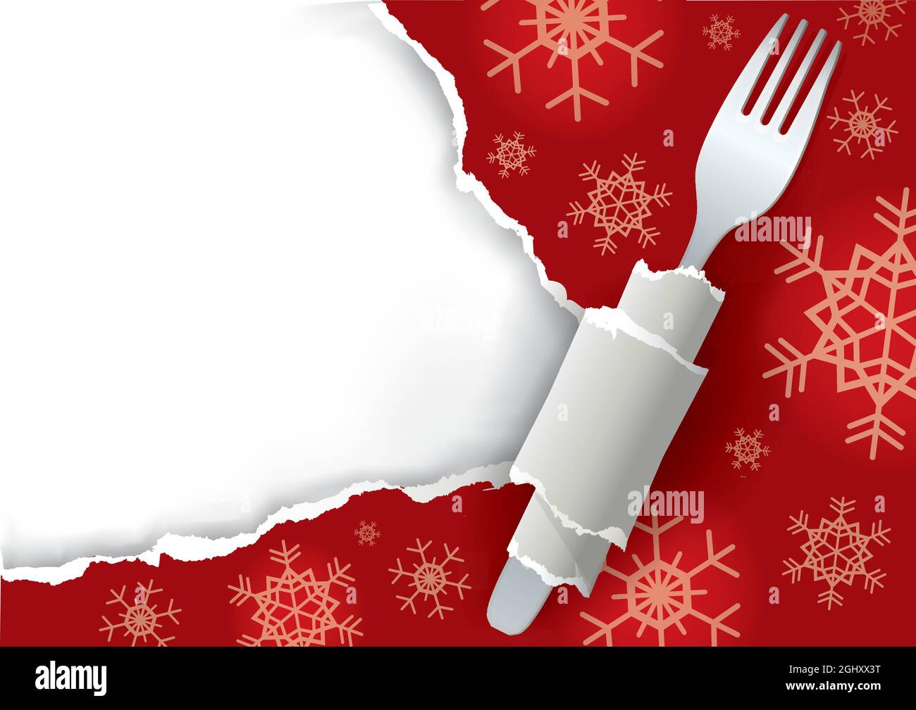 Menu Noël papier rouge rippé. Illustration de papier déchiré rouge avec fourchette et flocons de neige. Placer pour votre texte ou votre image.vecteur disponible. Illustration de Vecteur