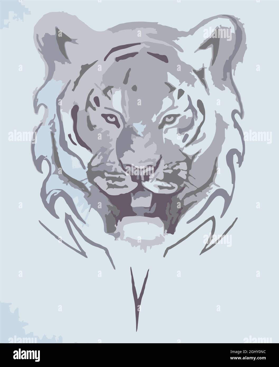 Belle tête de tigre blanche sur fond bleu. Symbole de tête de tigre dans des tons gris pour la broderie, les logos, les imprimés et les textiles, le papier peint et les autocollants Banque D'Images
