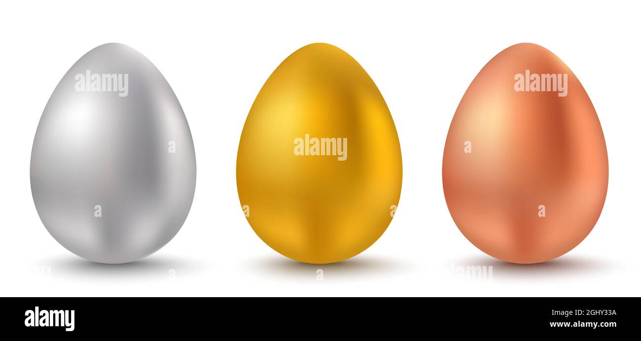 Vector Set trois oeufs pour Pâques. Oeufs en argent, or et bronze pour Pâques. Vecteur oeuf métallique. Illustration de Vecteur