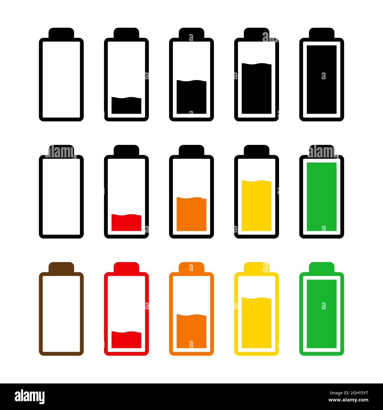 Icône de niveau de charge de la batterie définie. Symbole de l'indicateur d'alimentation de l'accumulateur du téléphone portable. Conception plate simple. Illustration vectorielle isolée sur blanc. Illustration de Vecteur