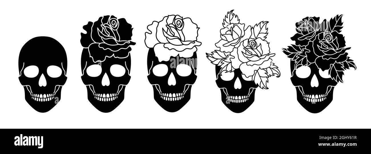 Ensemble de crânes avec une rose dans un style art de ligne. Illustration de Vecteur