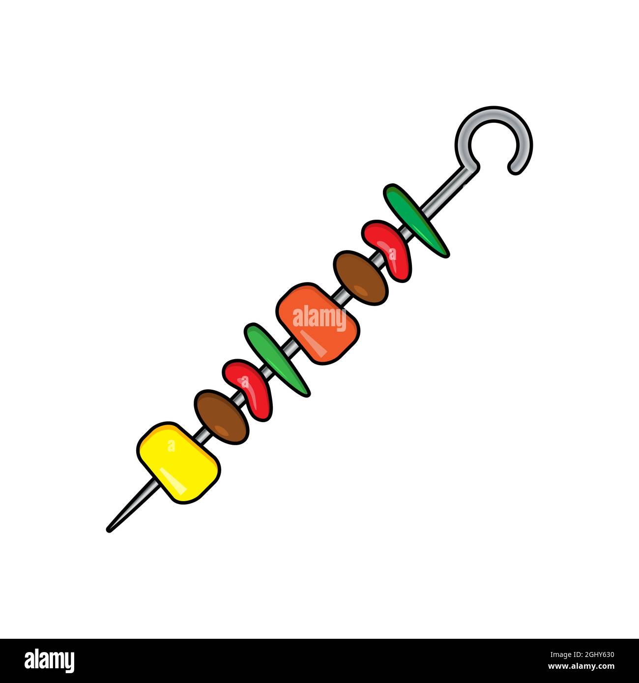 Barbecue shashlik sur une icône de dessin animé de brochette. Viande et légumes grillés sur bâton. Illustration de Vecteur